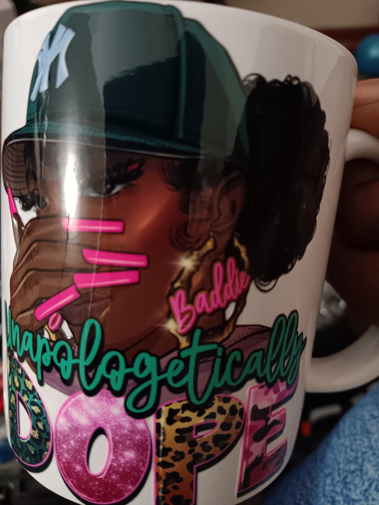 "Unapologetically Dope" Glitter Coffee/Tea Mug with Lady in Green NY Hat